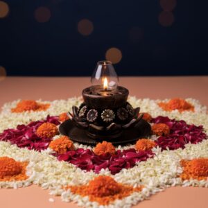 The Handicraftian Open Rose Akhand Jyot, Terracotta Oil Lamp with Glass Chimney, Bronze Metallic Finish, 10 x 10 x 10 cm - Image 4