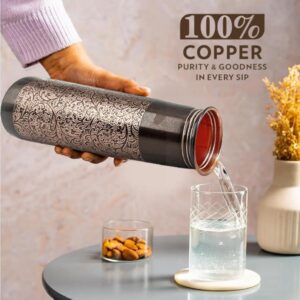 PIEPOT Copper Water Bottle 1 Ltr | Copper Water Bottle with Glass Set | Meena Work | 100% Pure | Leak-Proof | 2 Water Glass 300ml each | Best for Gifting (Light House Design - Brown) - Image 5