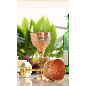 INDIAN ART VILLA Set of 2 Copper Flower Design Wine Glass with Brass Stand 290 ML - Drinking Serving Wine Bar Hotel Restaurant - Image 4