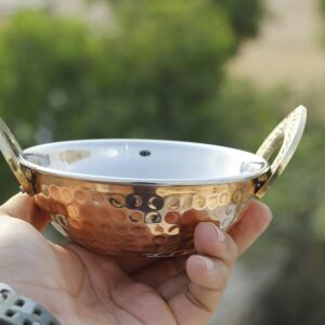 Indian Art Villa Steel Copper Serving Set Including 1 Bucket, 2 Handi, 2 Kadai, Serveware & Tableware Set, Set of 5, Polka Dot - Image 5