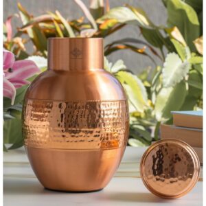 INDIAN ART VILLA Pure Copper Bedroom Bottle with Inbuilt Glass - Pear Pot Design, Half Hammered Shine Finish, 1650 ml Capacity - Image 4