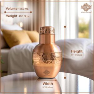 INDIAN ART VILLA Pure Copper Bedroom Bottle with Inbuilt Glass - Pear Pot Design, Half Hammered Shine Finish, 1650 ml Capacity - Image 5