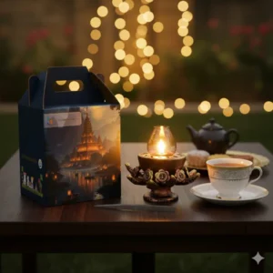 The Handicraftian Open Rose Akhand Jyot, Terracotta Oil Lamp with Glass Chimney, Bronze Metallic Finish, 10 x 10 x 10 cm - Image 5