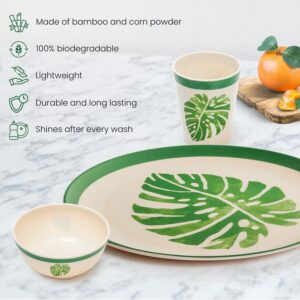 Eco-Friendly Bamboo Fiber Dinner Set | 12-Piece Set with Dinner Plates, Bowls & Tumblers | Sturdy Weight, Reusable & Stain Resistant | Microwave & Dishwasher Safe | Elegant Leaf Design - Image 4