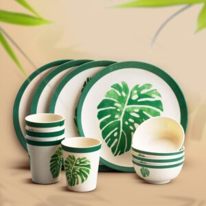 Eco-Friendly Bamboo Fiber Dinner Set | 12-Piece Set with Dinner Plates, Bowls & Tumblers | Sturdy Weight, Reusable & Stain Resistant | Microwave & Dishwasher Safe | Elegant Leaf Design - Image 1